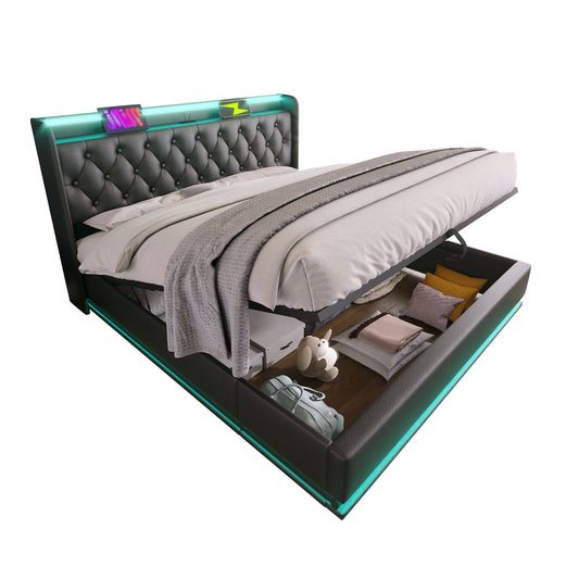 Upholstered Bed, 360 Surround LED Function, Remote Control, Hydraulic Storage Bed With USB, Type-C Charging (Without Mattress) Artistry At Home