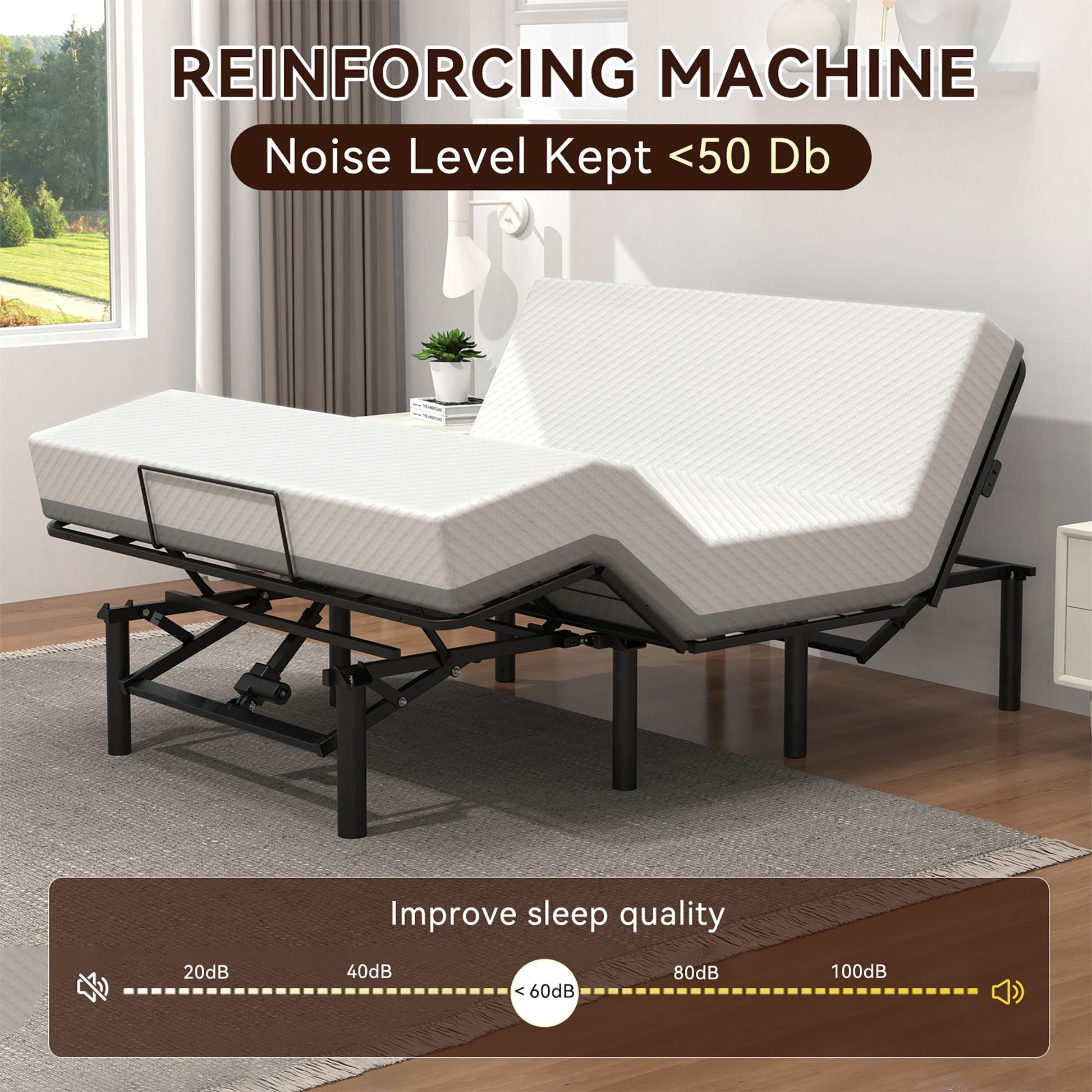 Adjustable Bed Base Frame With Head And Foot Incline, Quiet Motor, Queen Size Steel, Dual USB A, C Ports - Black Home Essentials