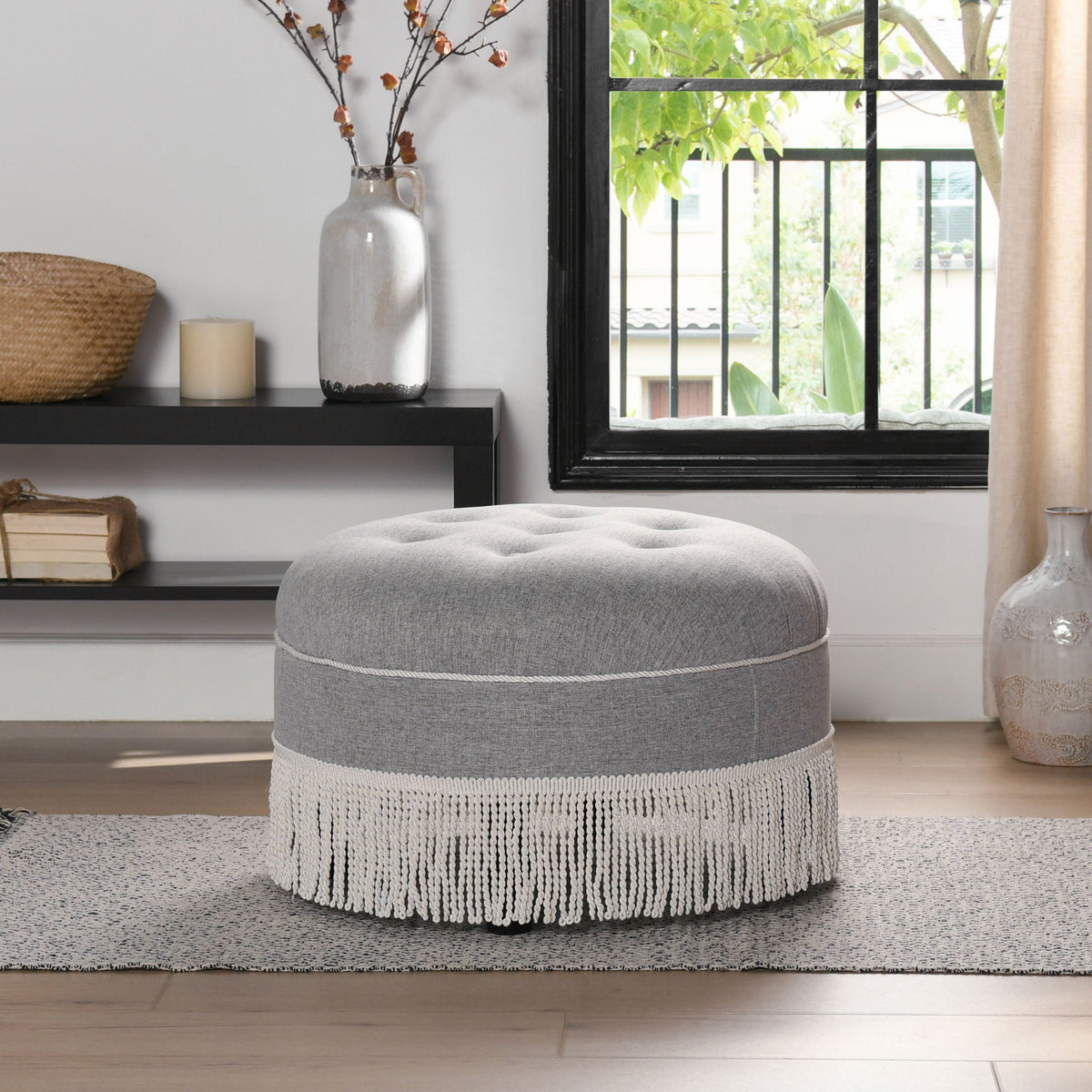 Yolanda - Round Upholstered Accent Ottoman - Gray Jennifer Taylor Home