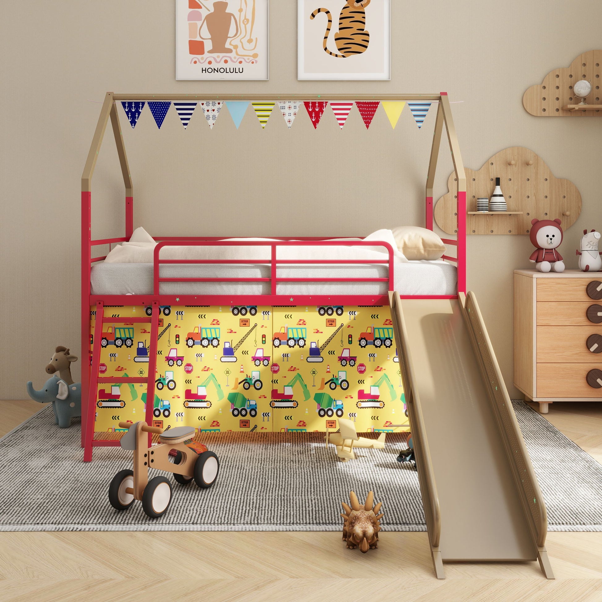 Jack - House Loft Bed With Slide And Curtain Set House & Home Furniture