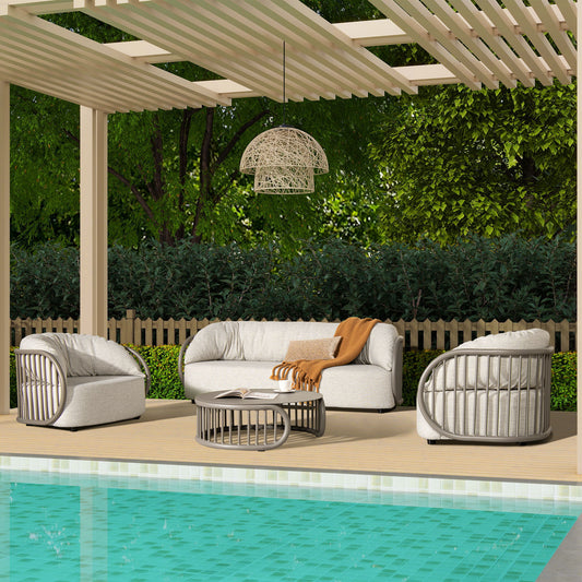 Harper - Barrel Upholstered Patio Deep Seating Armchair Axroma Olefin - Oat Beige Jennifer Taylor Home