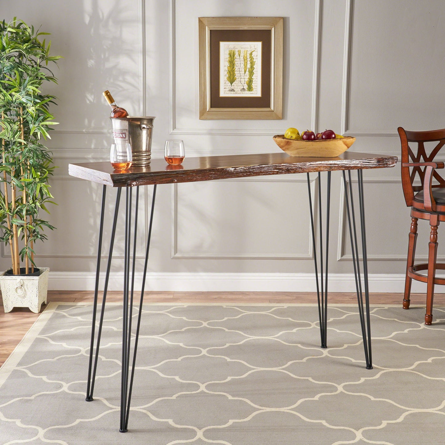 Modern Industrial Breakfast Bar Table, Metal Hairpin Legs & Wood Veneer Top - Natural Noble House