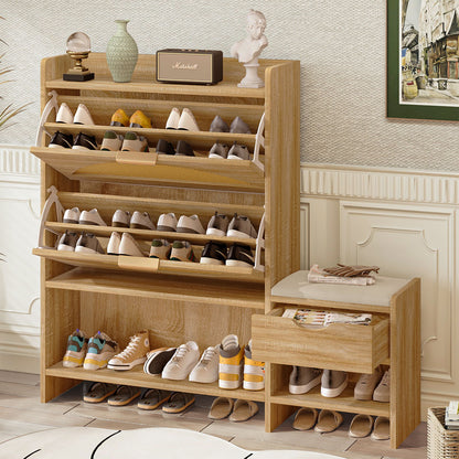 Shoe Storage Cabinet Rattan Shoe Storage Organizer With 2 Flip Drawers, A Storage Drawer And A Bench For Entryway, And Hallway - Light Brown Daily Nest