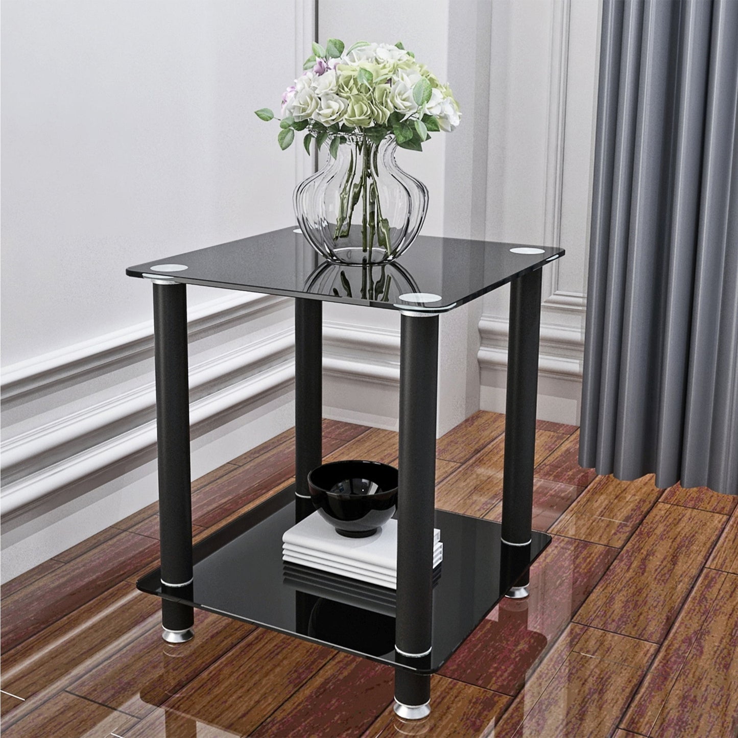 2 Piece Side Table, 2 Tier Space End Table, Modern Night Stand, Sofa Table, Side Table With Storage Shelve - Black