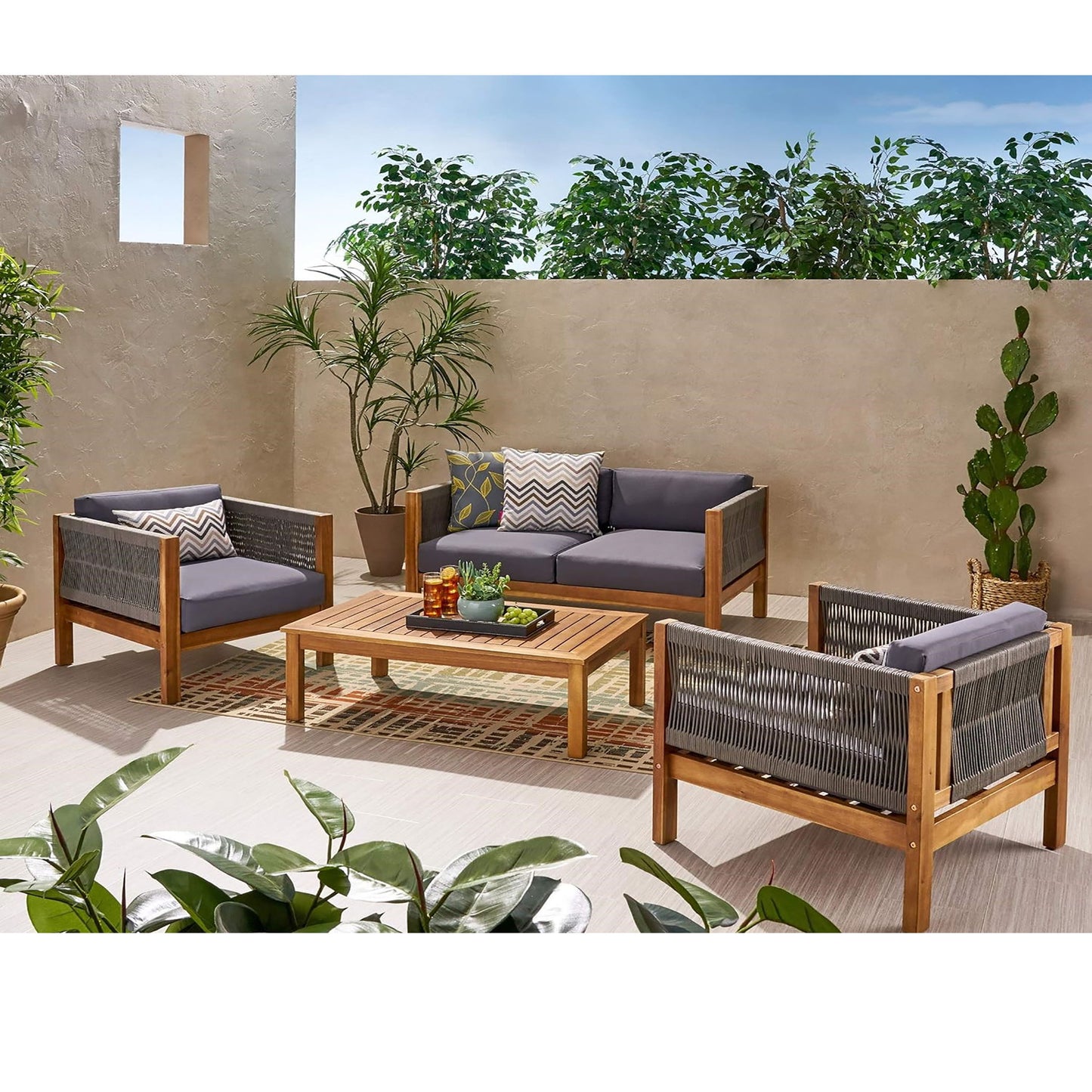 Charlotte - Outdoor And Rope 4 Seater Chat Set With Cushions - Teak Noble House
