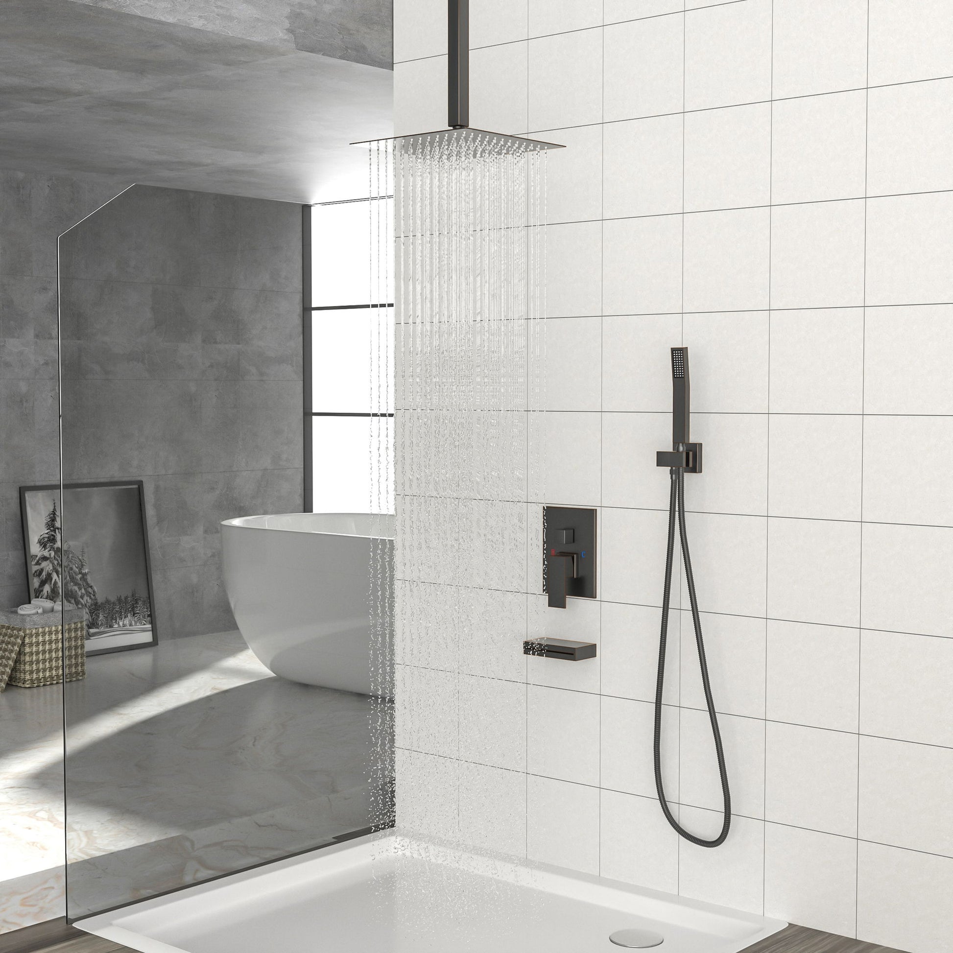 Shower System With Waterfall Tub Spout And 12" Ceiling Mount Square Shower Head - Oil-Rubbed Bronze Daily Nest