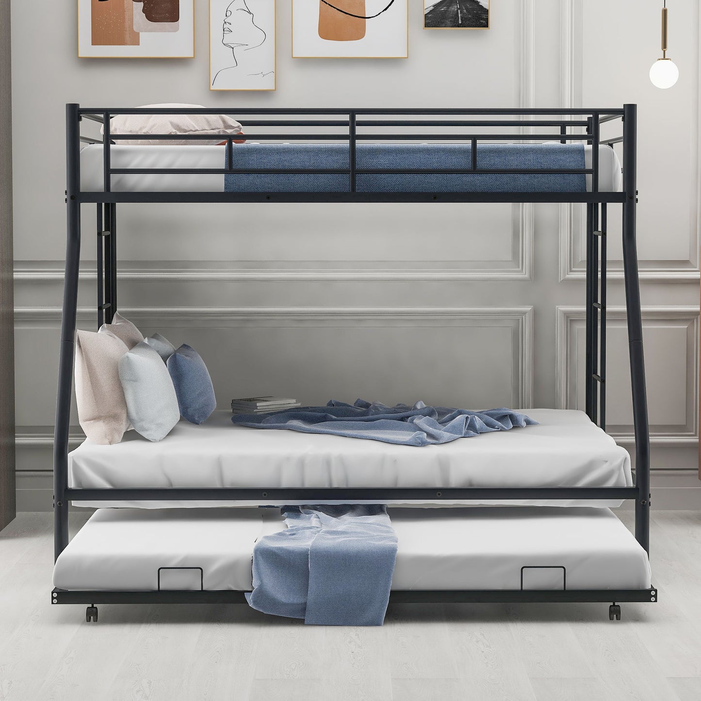 Bunk Bed With Steel Frame And Trundle, 2 Side Ladders Hearth and Haven