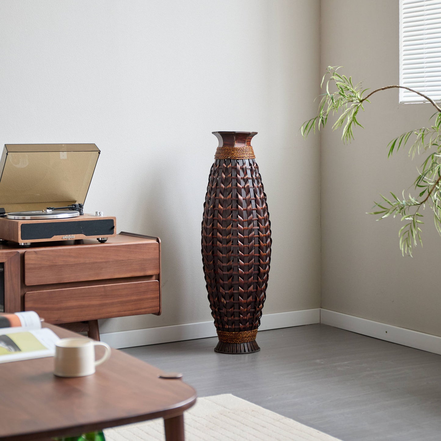 Hand Woven Bamboo Floor Vase, Decorative Accent For Living Room - Acacia Wood Daily Nest