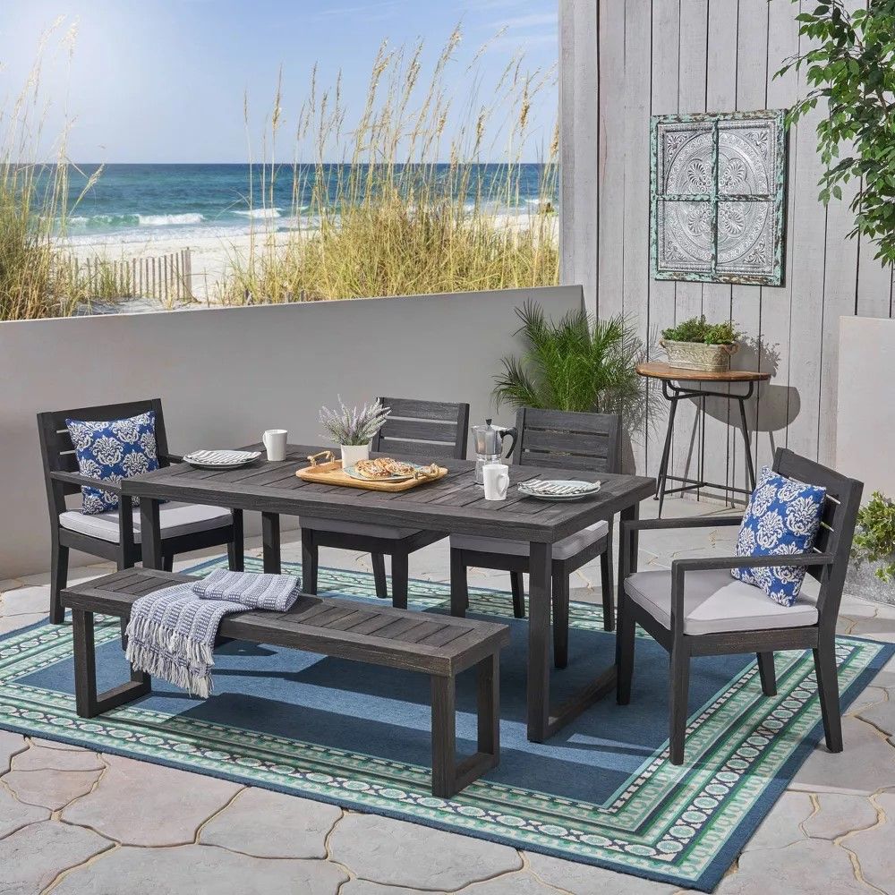 Outdoor 6 Seater Dining Set With Bench - Dark Gray / Light Gray Noble House