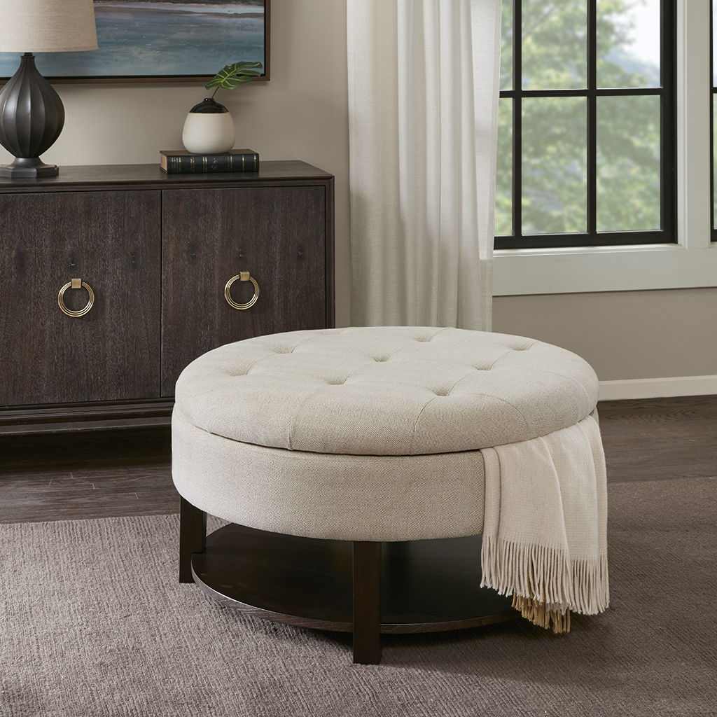 Miller - Round Storage Ottoman - Cream / Brown