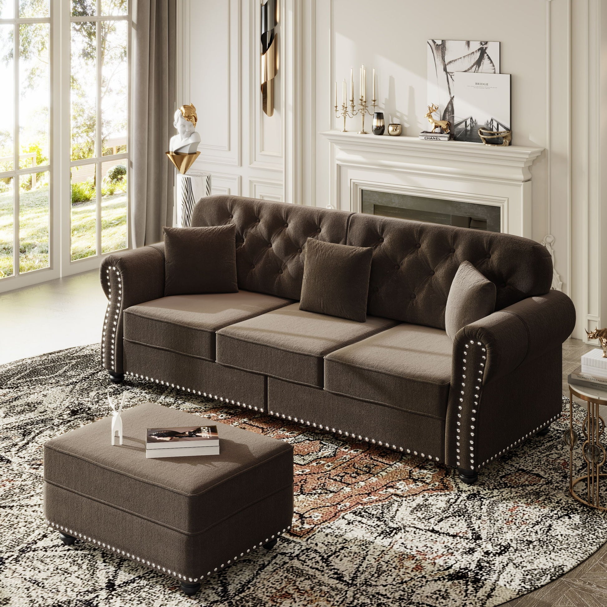 Upholstered Sofa Set With Nailhead Trim And Rolled Armrests, Includes Pillows Home Essentials