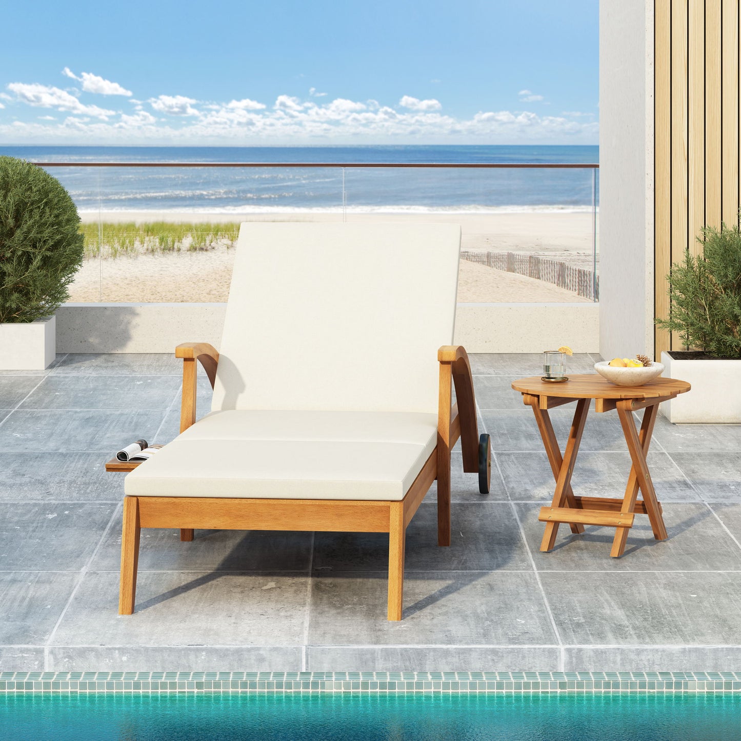 Versatile Chaise Lounge With Wheels Acacia Wood Recliner For Patio - Cream Noble House