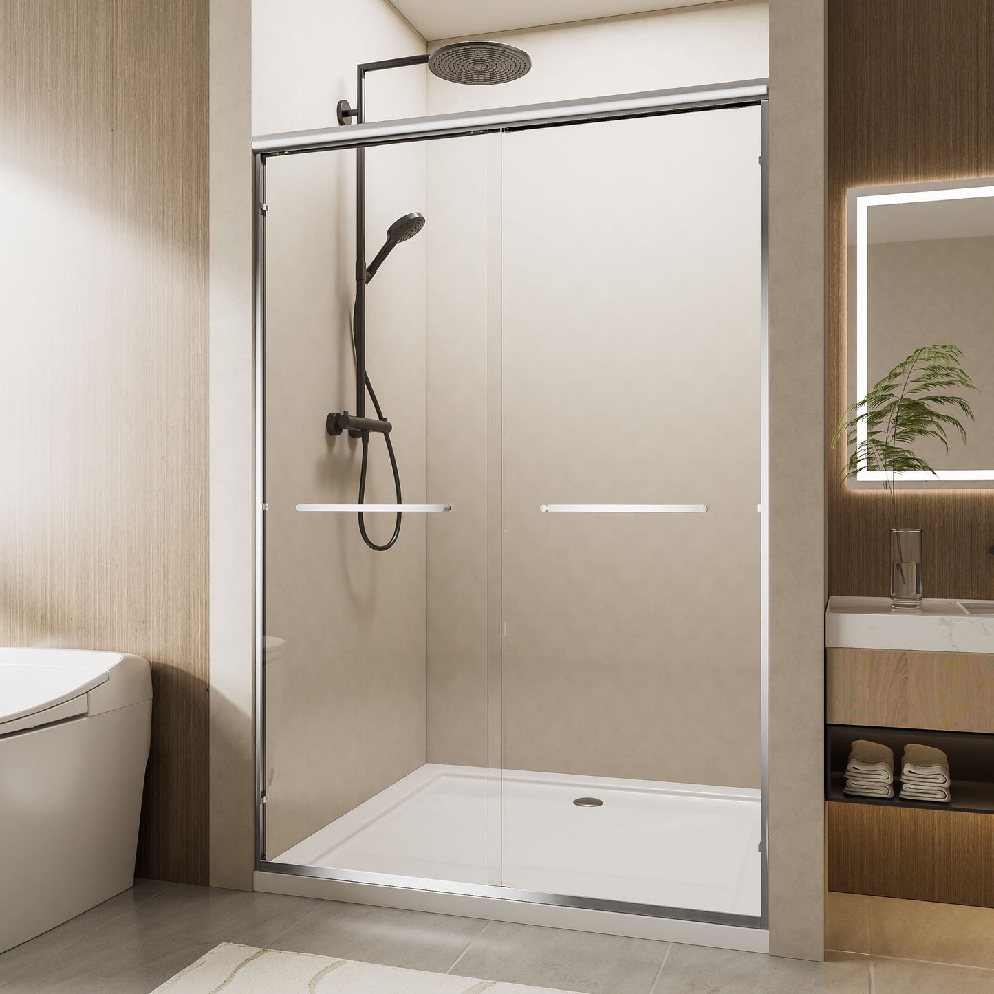 Aluminum Frame Double Double Soft Close Shower Door, Tempered Glass And Dual Stainless Steel Handles Daily Nest