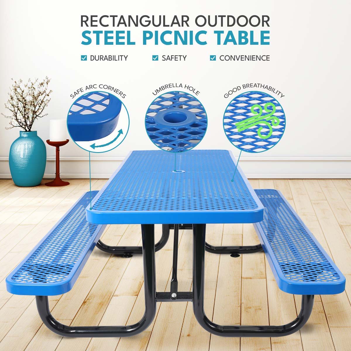 Outdoor Steel Picnic Rectangular Table With Umbrella Pole Home Essentials