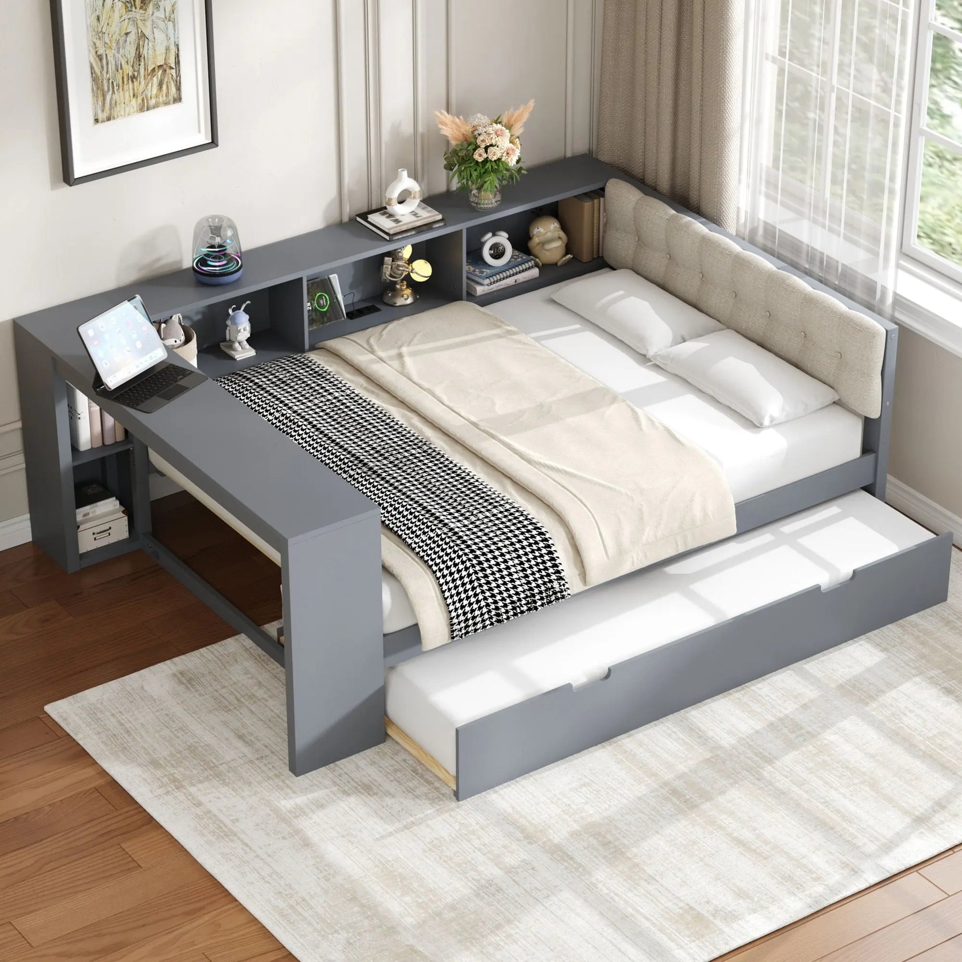 Upholstered Headboard Platform Bed With Storage Shelves, Trundle, Charging Station Hearth and Haven