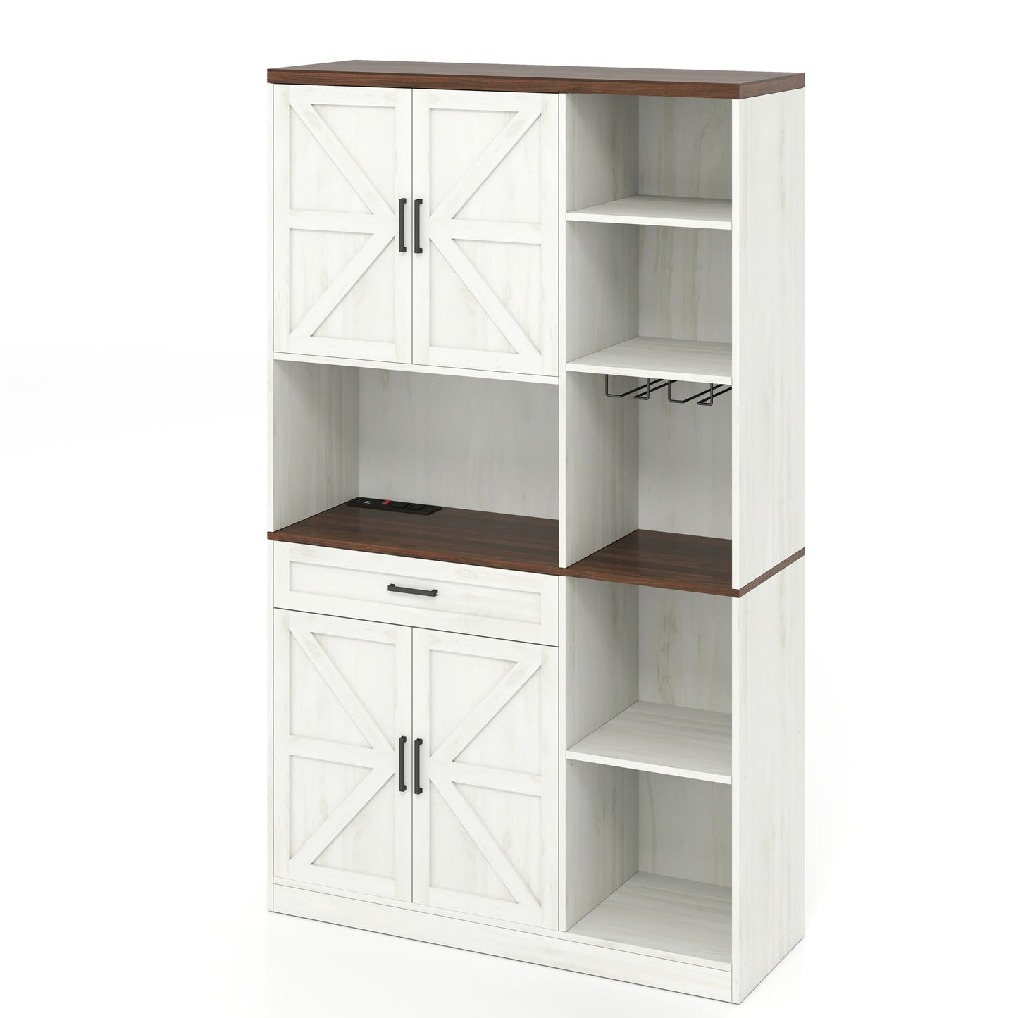 Farmhouse Kitchen Pantry Sideboard With Cabinet And Drawer, Multi Functional Kitchen Buffet With Hutch And Glass Holder, Microwave Stand With Charging Station - Brown / Antique White Home Essentials