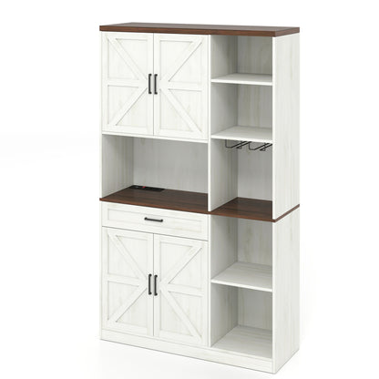 Farmhouse Kitchen Pantry Sideboard With Cabinet And Drawer, Multi Functional Kitchen Buffet With Hutch And Glass Holder, Microwave Stand With Charging Station - Brown / Antique White Home Essentials