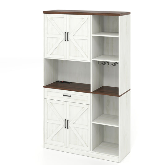 Farmhouse Kitchen Pantry Sideboard With Cabinet And Drawer, Multi Functional Kitchen Buffet With Hutch And Glass Holder, Microwave Stand With Charging Station - Brown / Antique White Home Essentials