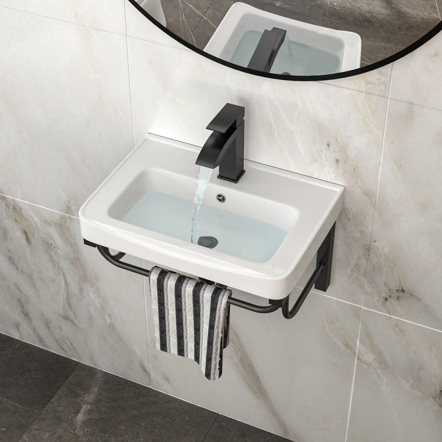 Wall Mounted Rectangular Bathroom Sink With 304 Stainless Steel Towel Bar & Overflow - White Daily Nest