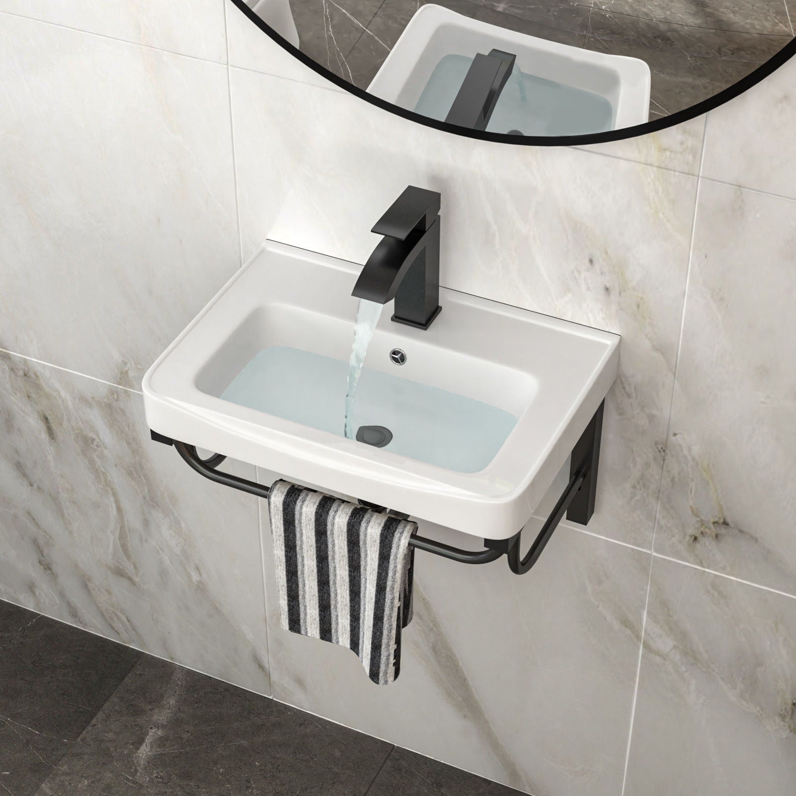 Wall Mounted Rectangular Bathroom Sink With 304 Stainless Steel Towel Bar & Overflow - White Daily Nest