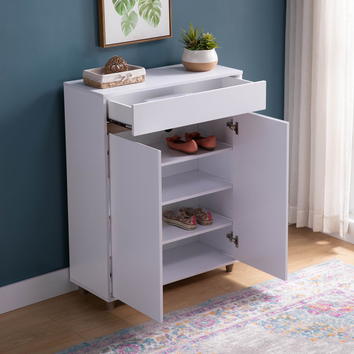 4 Tier Entryway Storage Cabinet, Shoe Cabinet - White / Dark Taupe