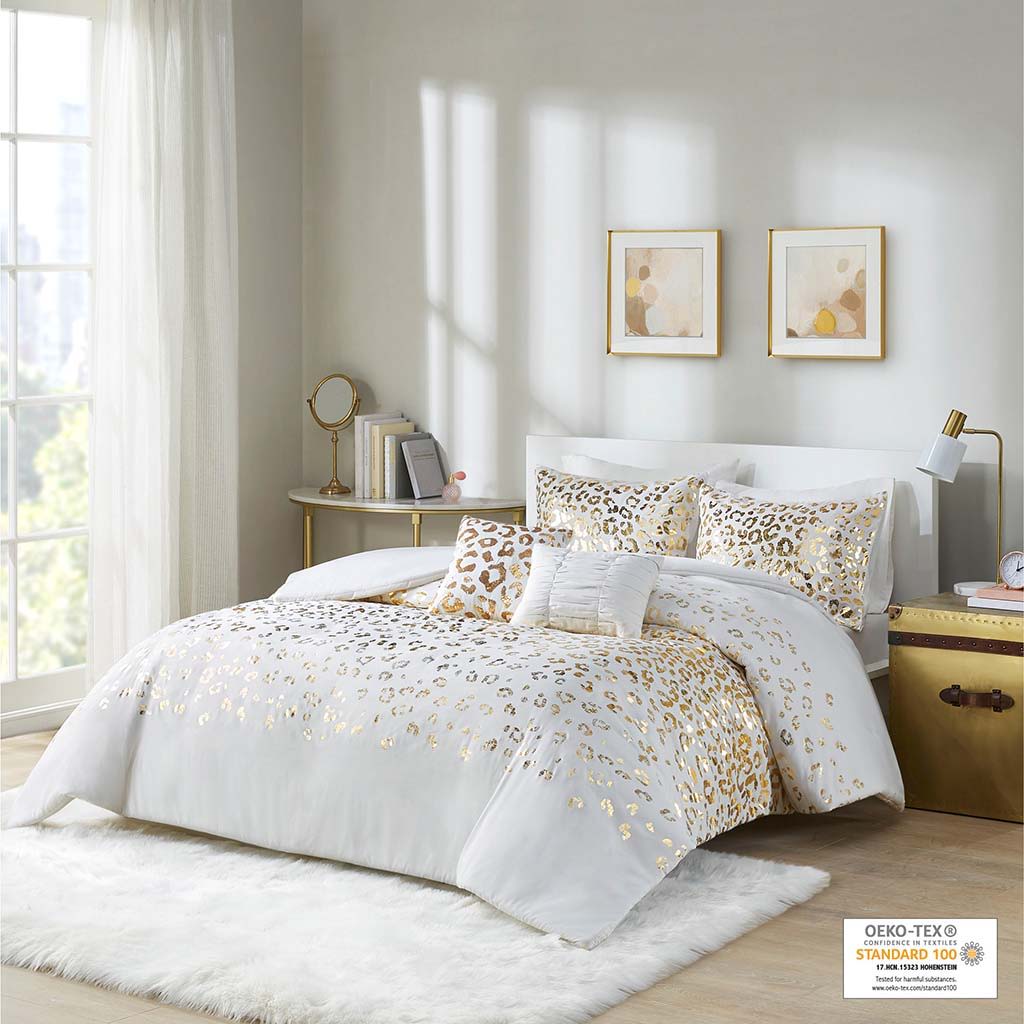 Lillie - Metallic Animal Printed Duvet Cover Set - Ivory / Gold