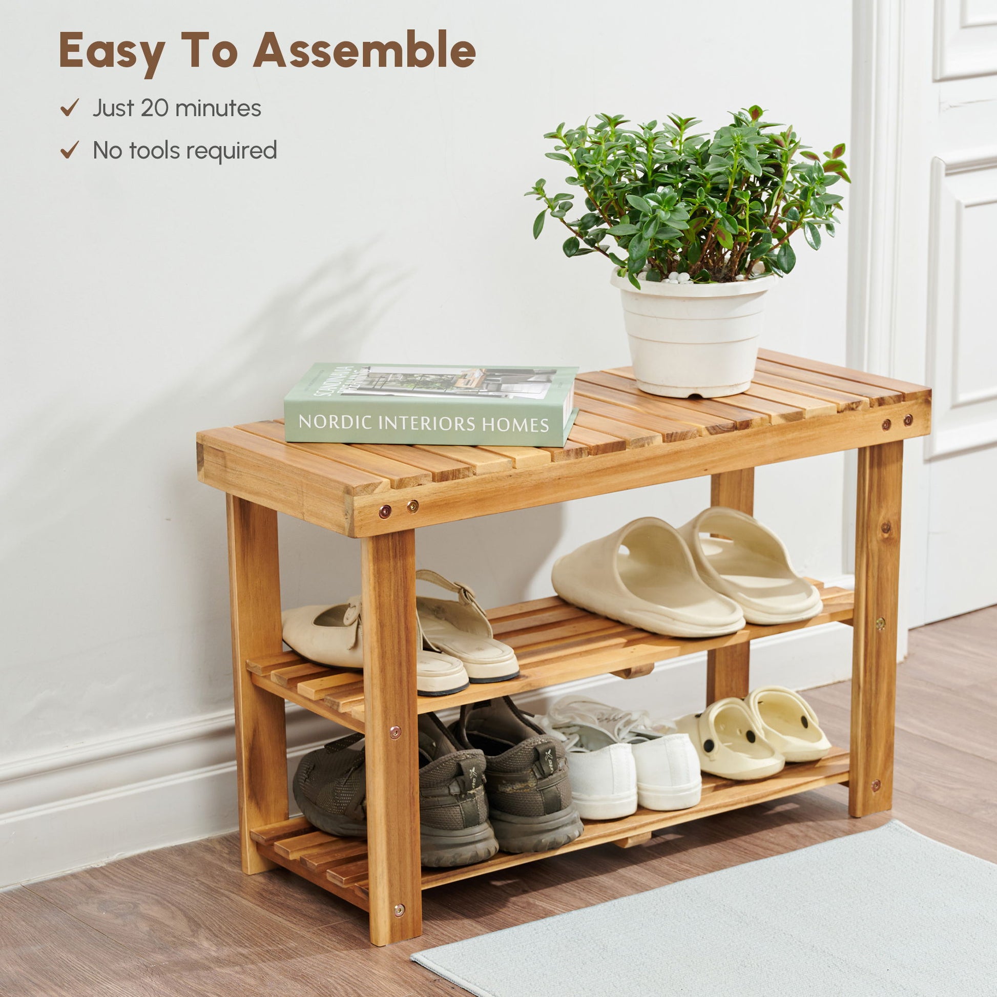 Shoe Rack Bench, 2 Tier Organizer For Entryway - Acacia Wood Home Essentials