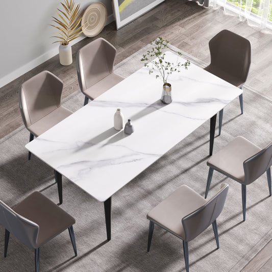 70.87" Modern Artificial Stone White Straight Edge Black Metal Leg Dining Table, Can Accommodate 6-8 People - White / Black