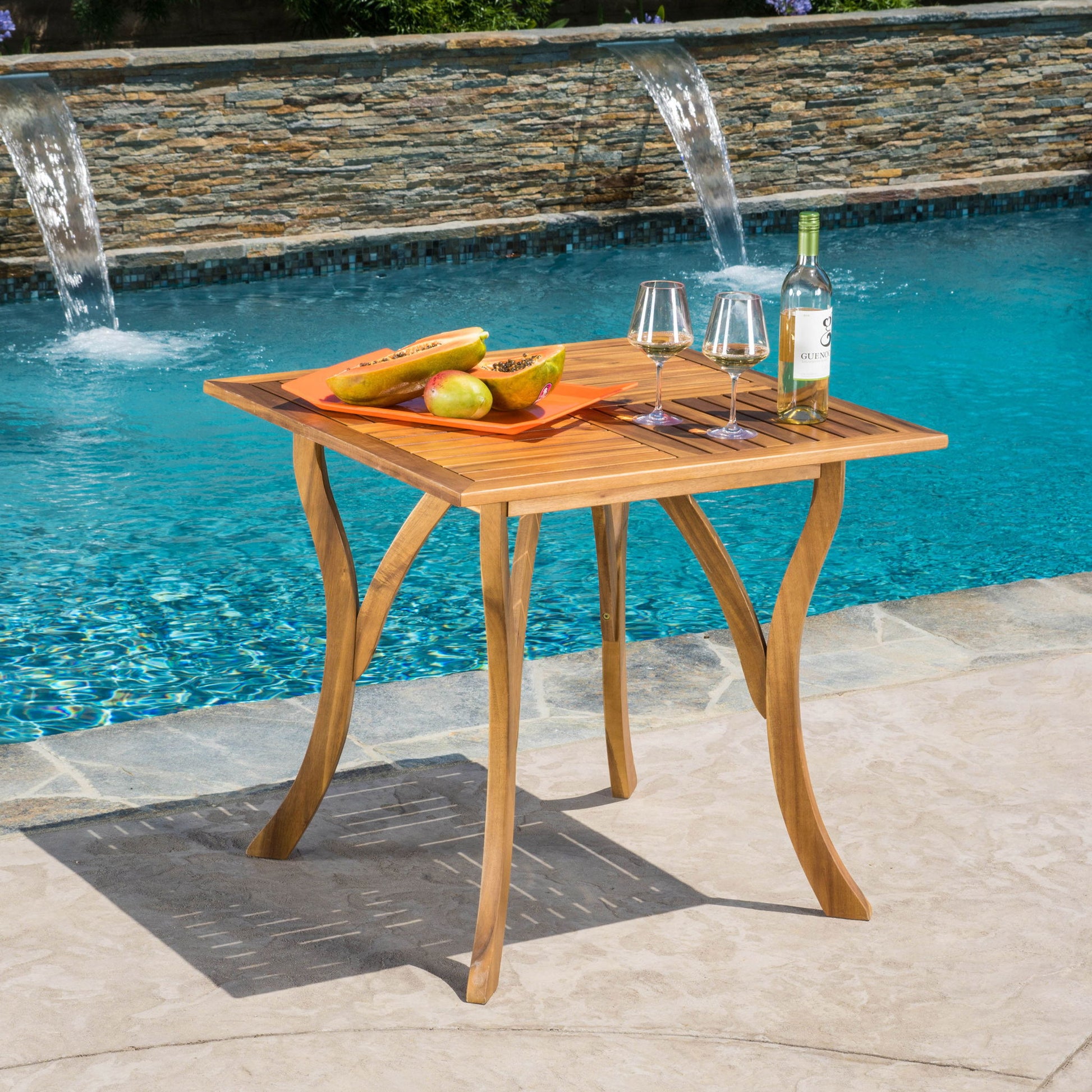 Outdoor Rectangular Table With Curved Legs And Perpendicular Wooden Slats Table Top Noble House