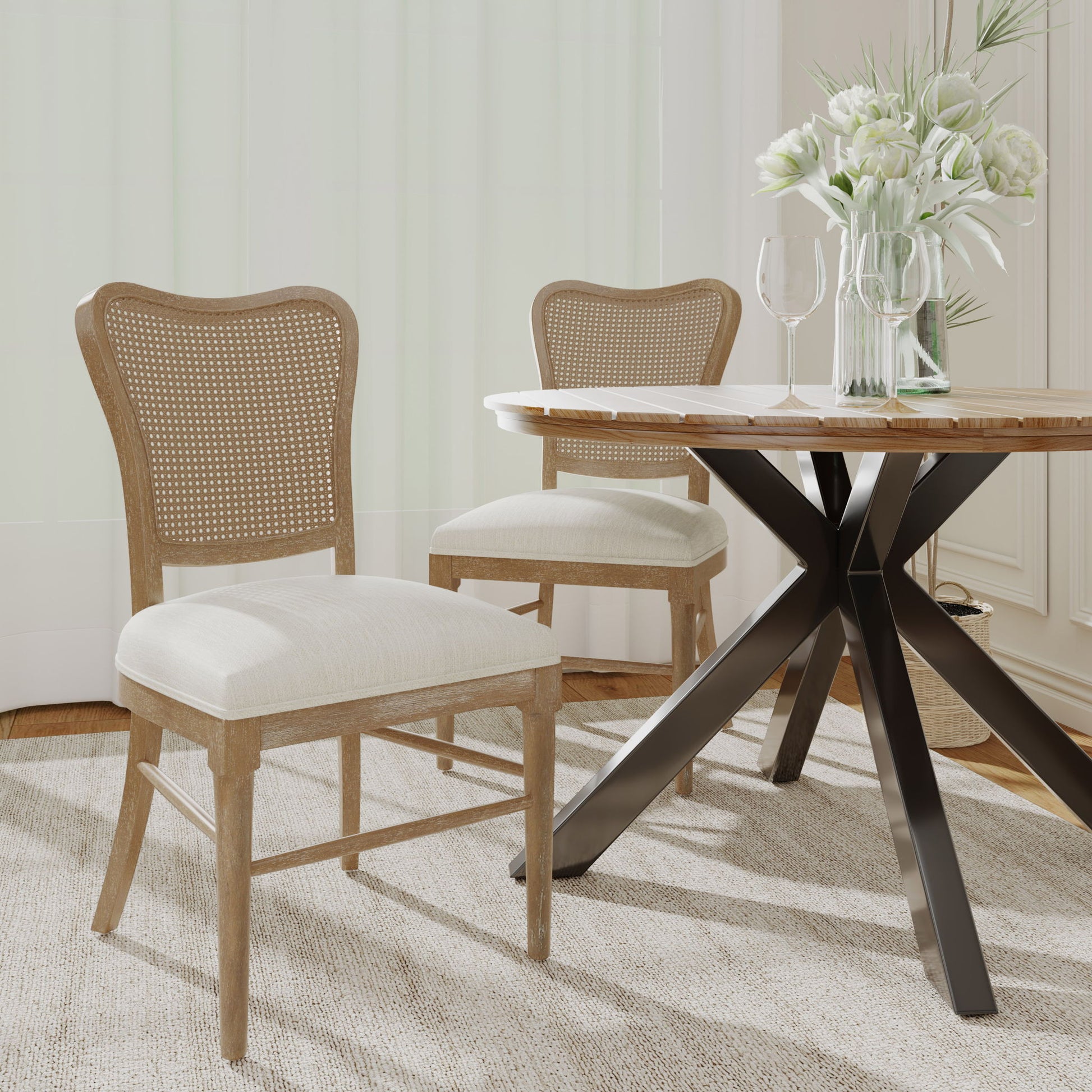 Classic Retro Dining Chair (Set of 2) With Rattan Backrest - Dark Brown / Beige Noble House