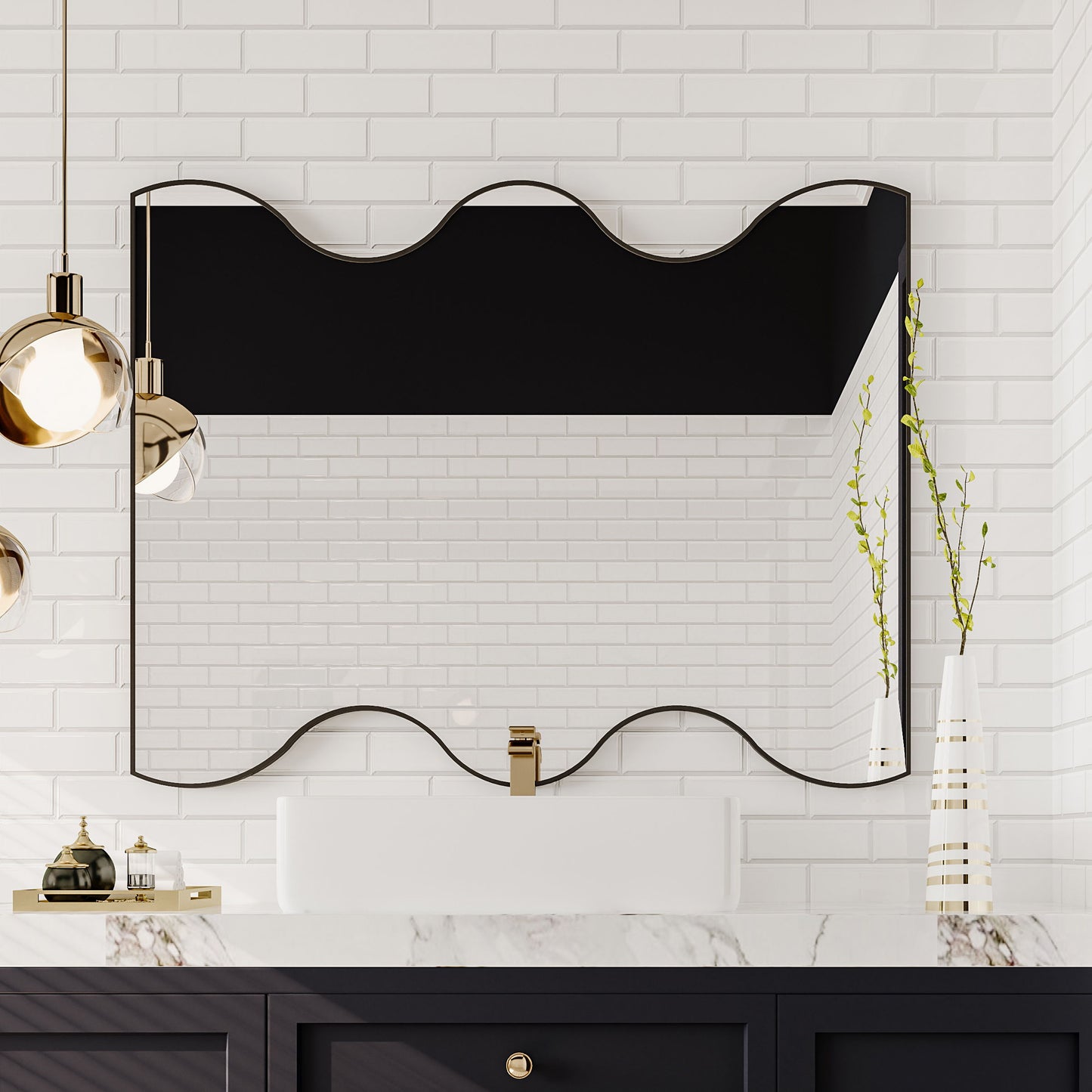 Wall Mirror Rectangular Mirror With 2 Wavy Sides Metal Framed Mirror Vanity Mirror Dressing Mirror, For Bathroom, Living Room, Bedroom Wall Decor