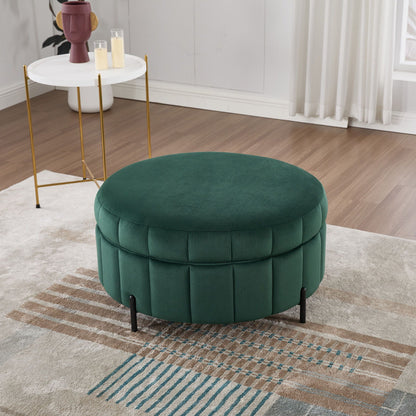 Upholstered Round Ottoman With Reversible Lid, Channel Tufted Pumpkin Shape Home Essentials