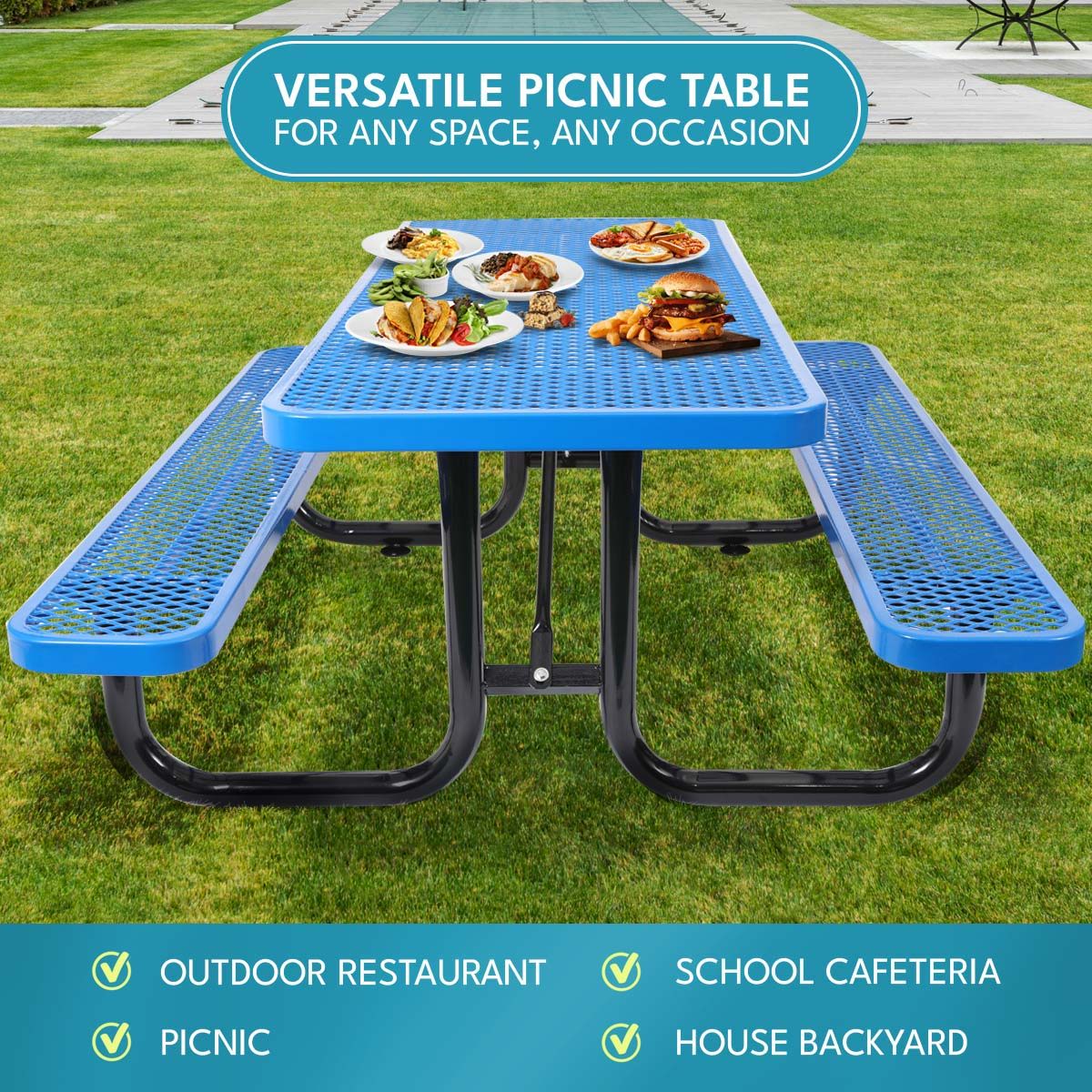 Outdoor Steel Picnic Rectangular Table With Umbrella Pole Home Essentials