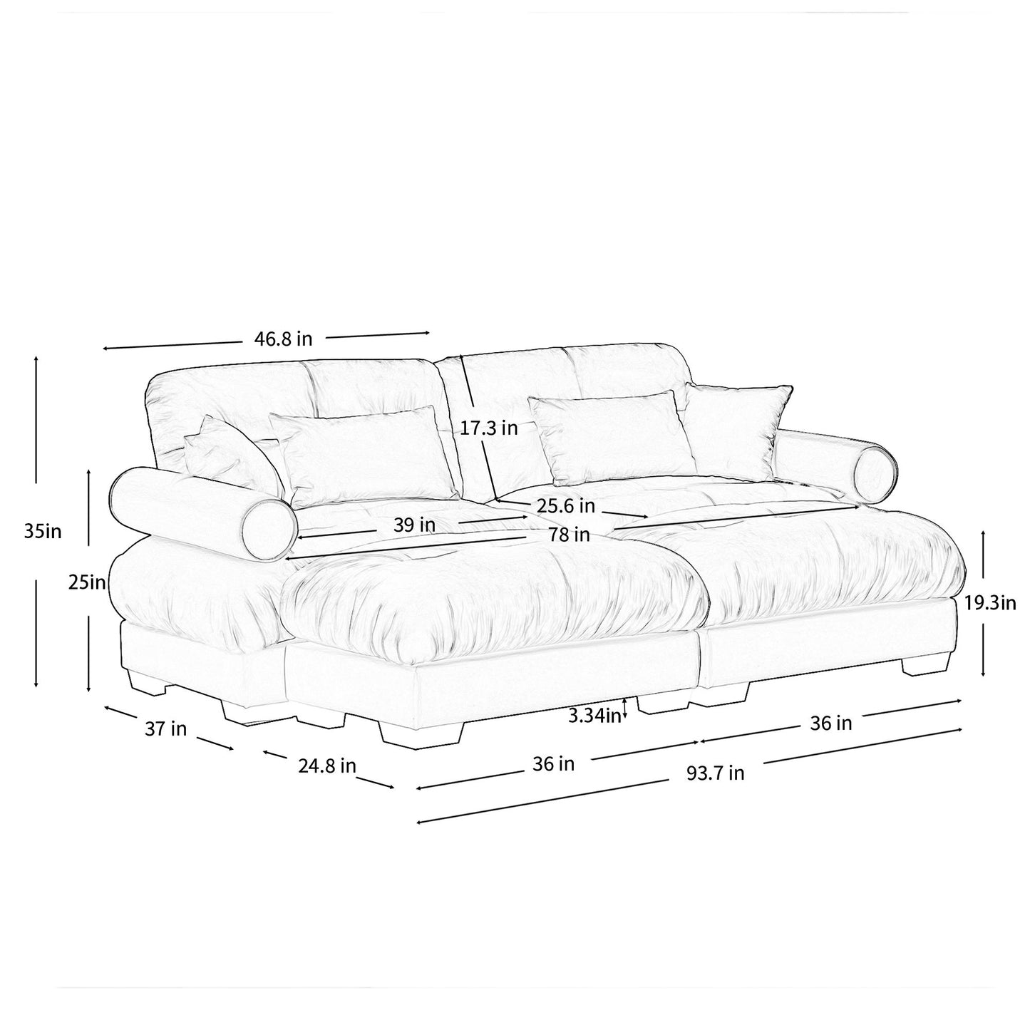 Modern Sectional Sofa With Ottoman, Round Bolster Armrests, Waist And Throw Pillows Home Essentials
