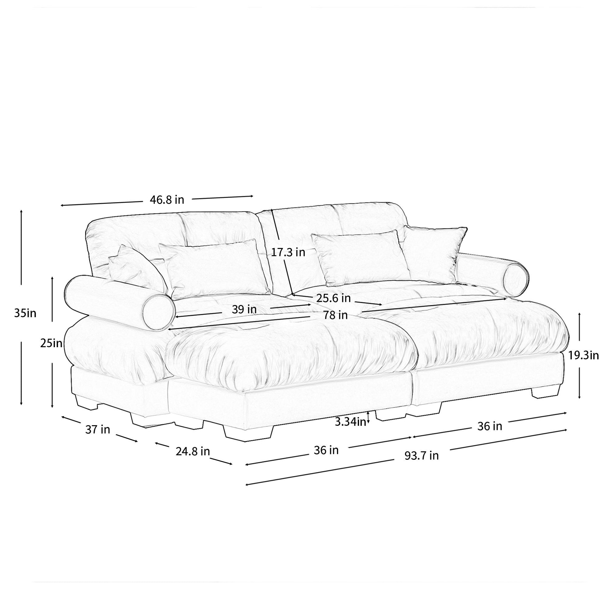 Modern Sectional Sofa With Ottoman, Round Bolster Armrests, Waist And Throw Pillows Home Essentials
