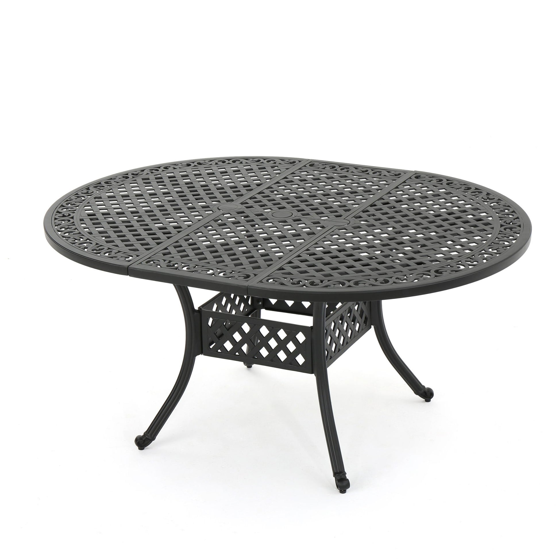 Outdoor Expandable Aluminum Dining Table With Latticework Details And Curvy Legs Noble House