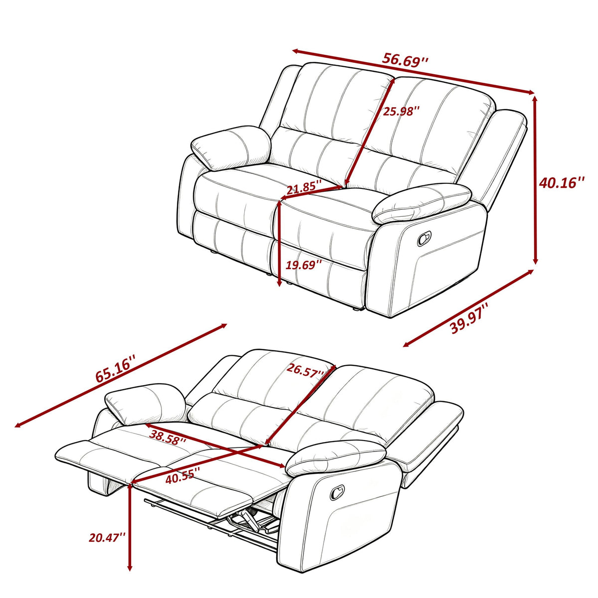 2 Seat Manual Reclining Loveseat With 150° Recline & Footrest - Black Home Essentials