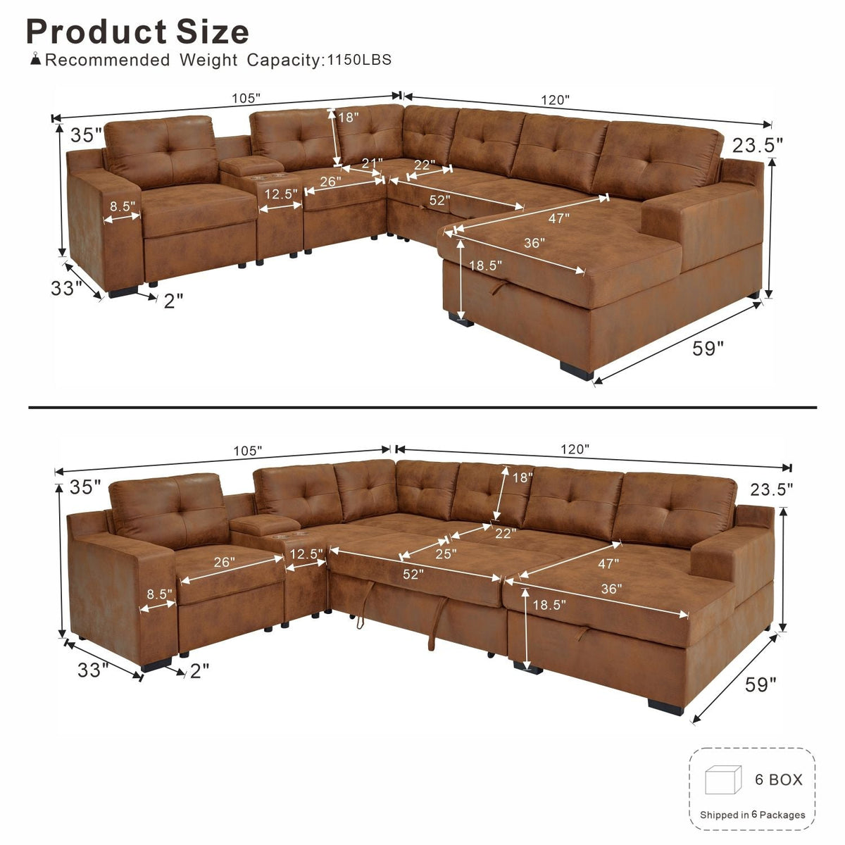 U - Shape Sectional Pull Out Bed With Console, Storage, And USB Charging Home Essentials