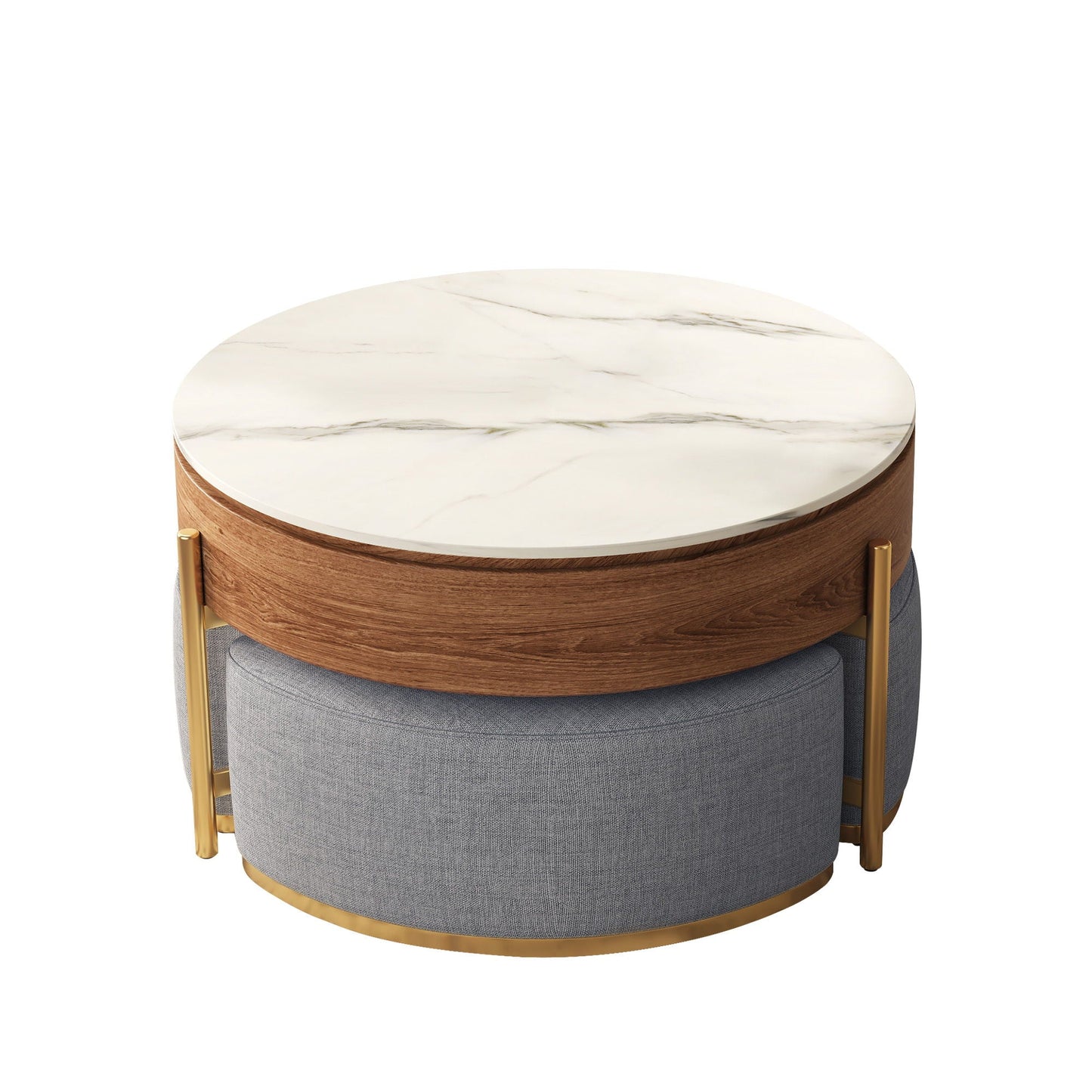 Lift Top Round Coffee Table With Hidden Storage, 3 Upholstered Nesting Ottomans - Brown / Gray / Golden / White Home Essentials