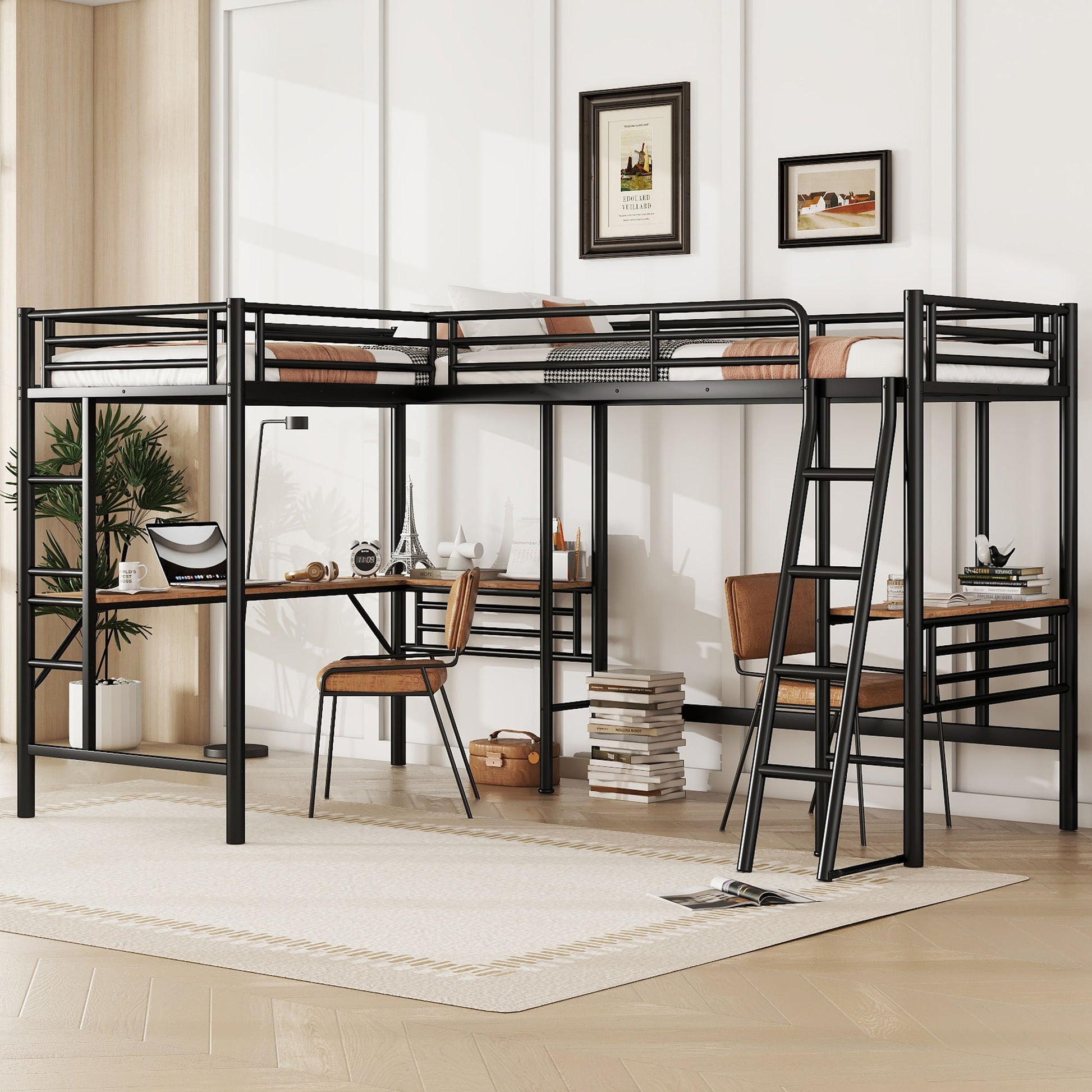 Twin Loft Bed With 2 Built In Desks, Mission Style - Black Hearth and Haven