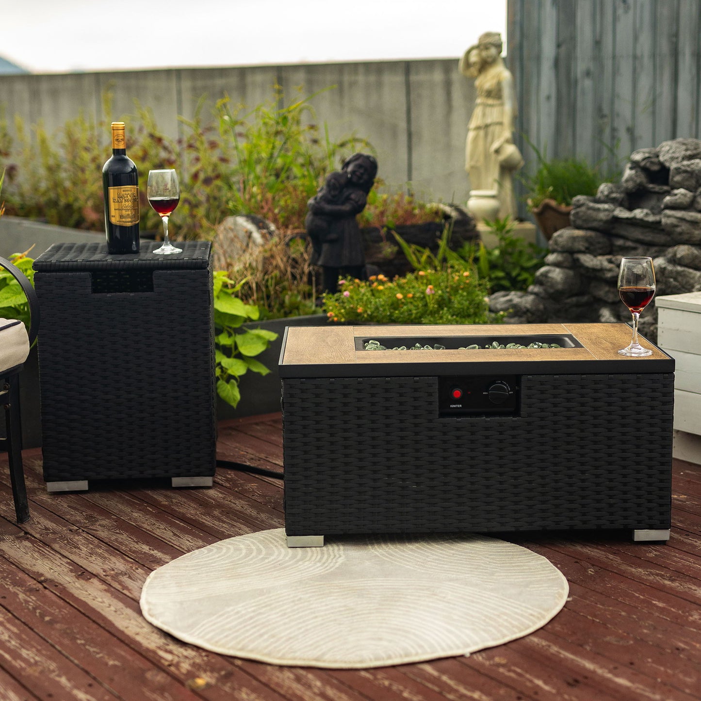 32" Propane Gas Fire Pit Table With Propane Tank Cover, 50000 Btu Rectangular Steel Fire Pit With Beautiful Wicker Base Home Essentials