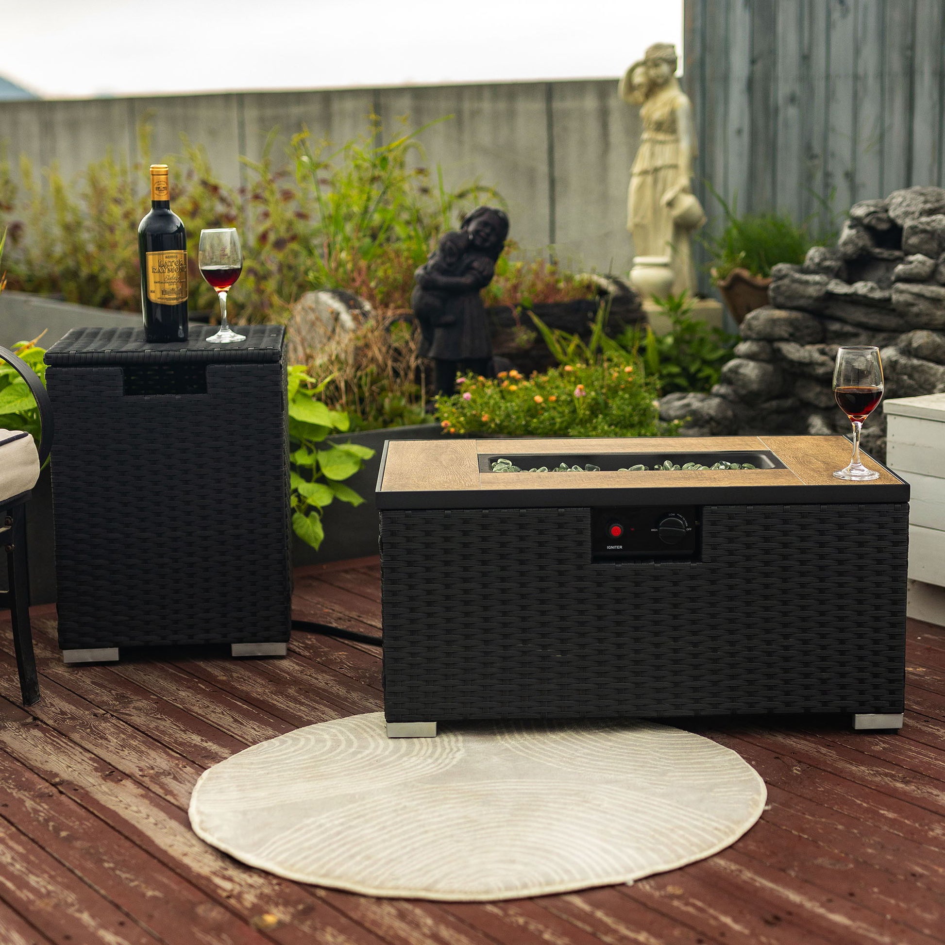32" Propane Gas Fire Pit Table With Propane Tank Cover, 50000 Btu Rectangular Steel Fire Pit With Beautiful Wicker Base Home Essentials