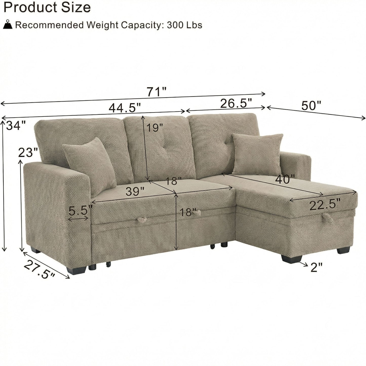 Sleeper Sectional With Pull Out Bed, Reversible Chaise Home Essentials