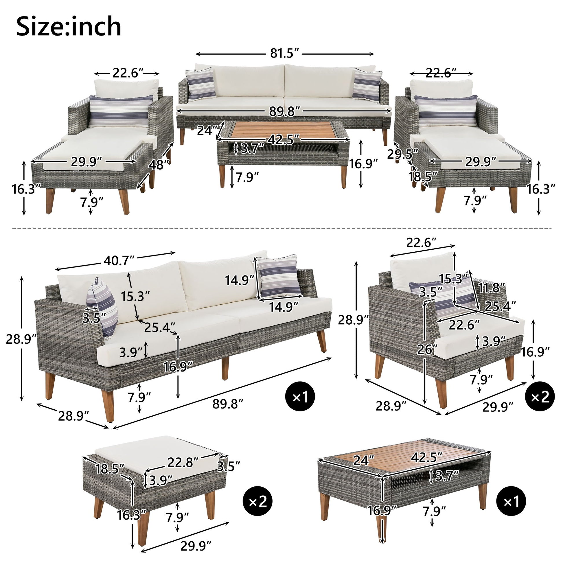6 Pieces All Weather Sofa Set, Outdoor Rattan Sofa With Double Cushions Hearth and Haven
