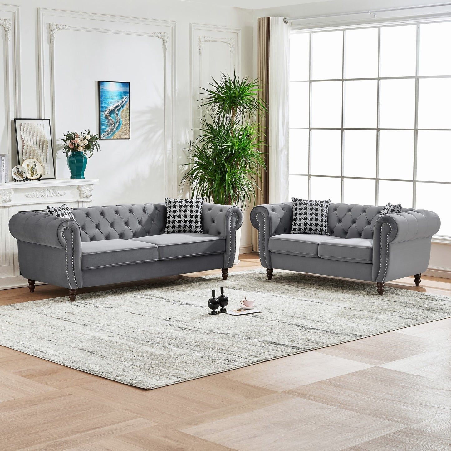 Chesterfield 3 And 2 Seater Velvet Upholstery Sofa With Roll Armrest & Nailhead Fabric Couch Home Essentials