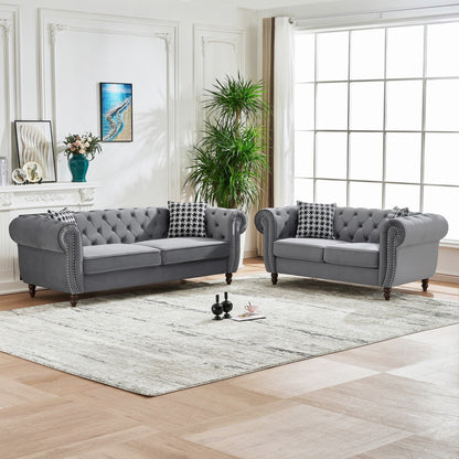Chesterfield 3 And 2 Seater Velvet Upholstery Sofa With Roll Armrest & Nailhead Fabric Couch Home Essentials