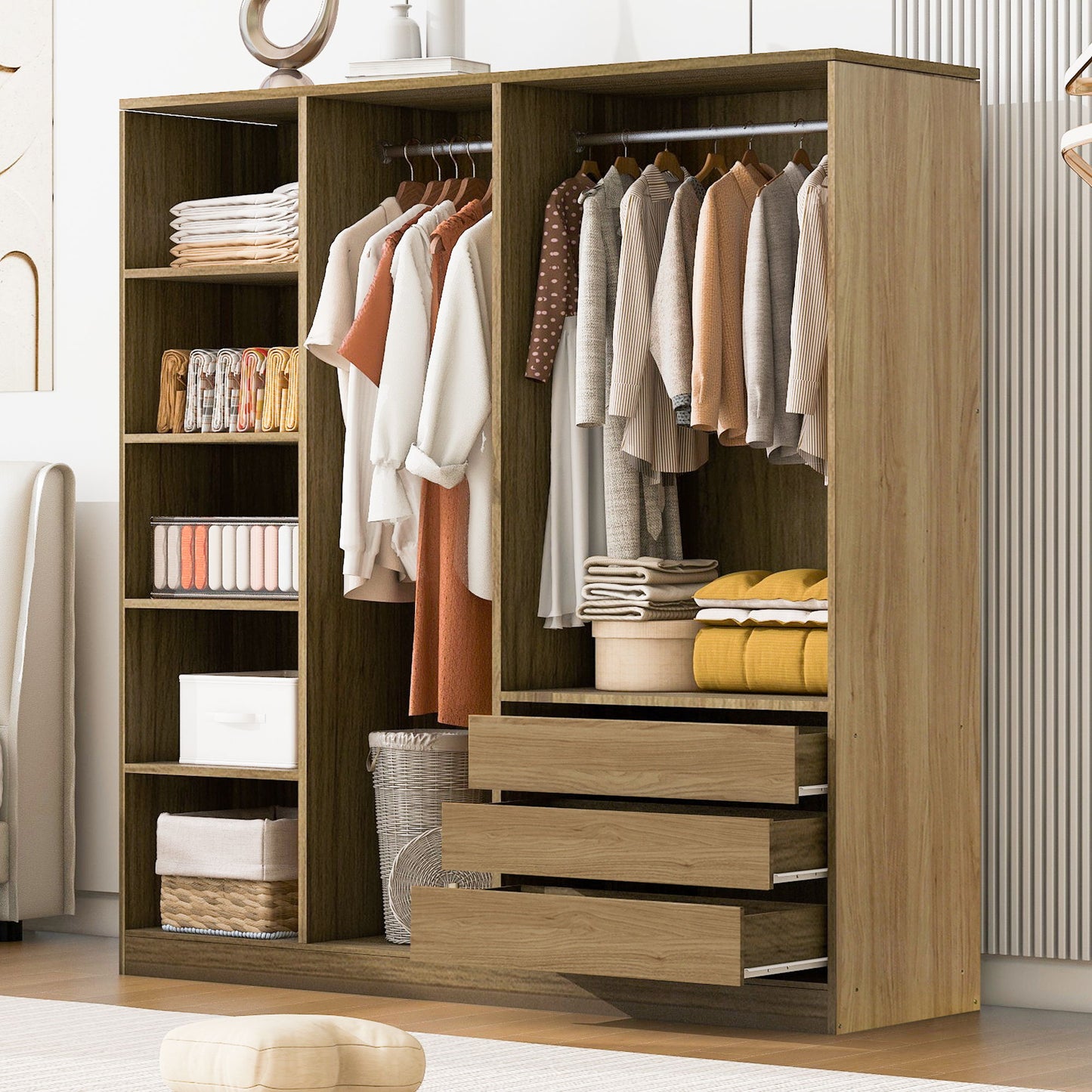 Doorless Storage Wardrobe For Dedroom With Shelves And 3 Drawers Timeless Haven