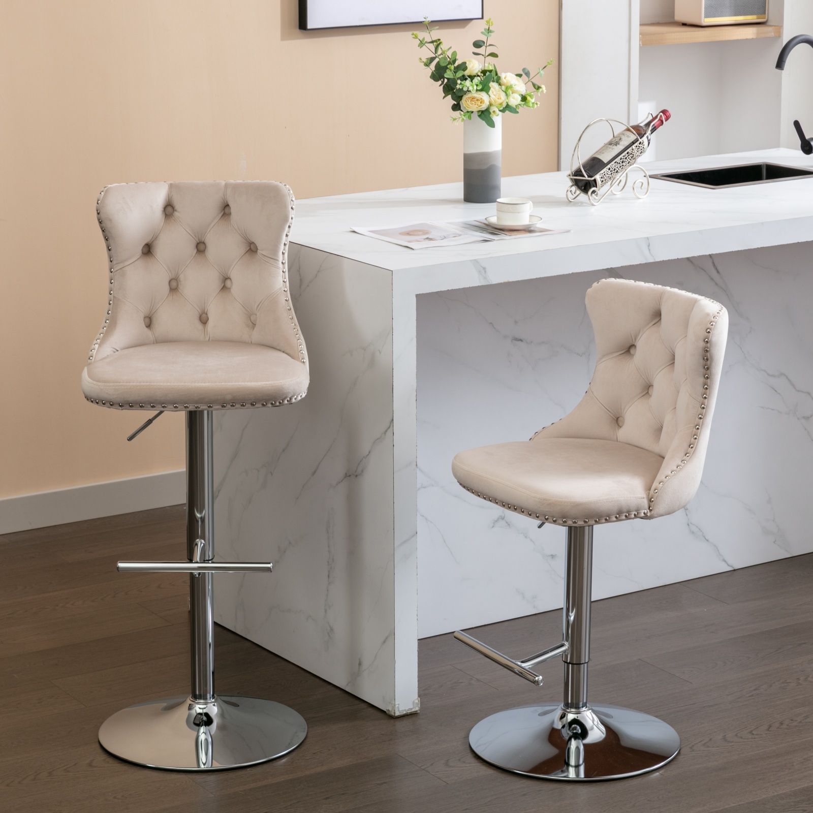 Swivel Velvet Barstools Adjusatble Seat Height From 25-33", Modern Upholstered Chrome Base Bar Stools With Backs Comfortable Tufted For Home Pub And Kitchen Island (Set of 2) Home Essentials