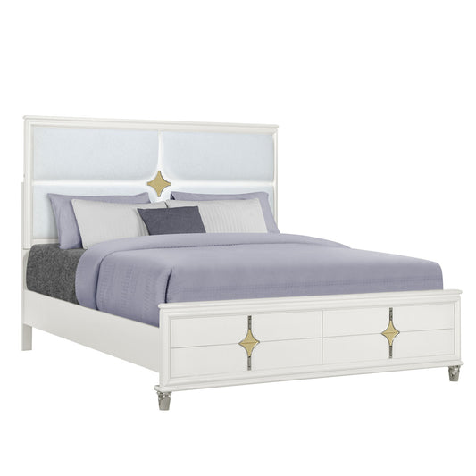 Uriuni - 5 Piece King Bedroom Set With Panel Headboard And LED Lighting - Gold / White