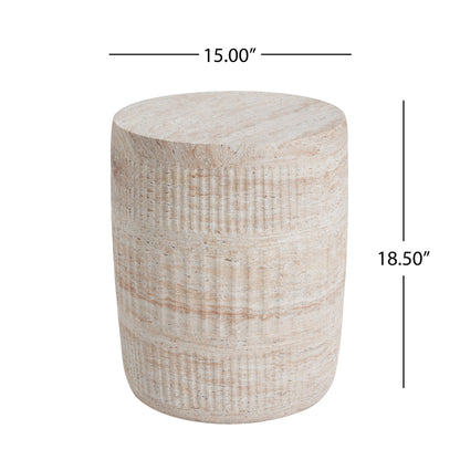Stylish Outdoor / Indoor Lightweight Concrete Side Table With Travertine - Beige Noble House